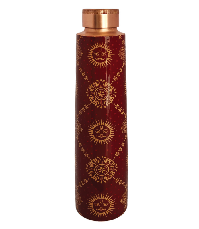 Om Surya Kalamkari Pure Copper Water Bottle 1 liter Handmade Ayurvedic Health Benefits Leak Proof.